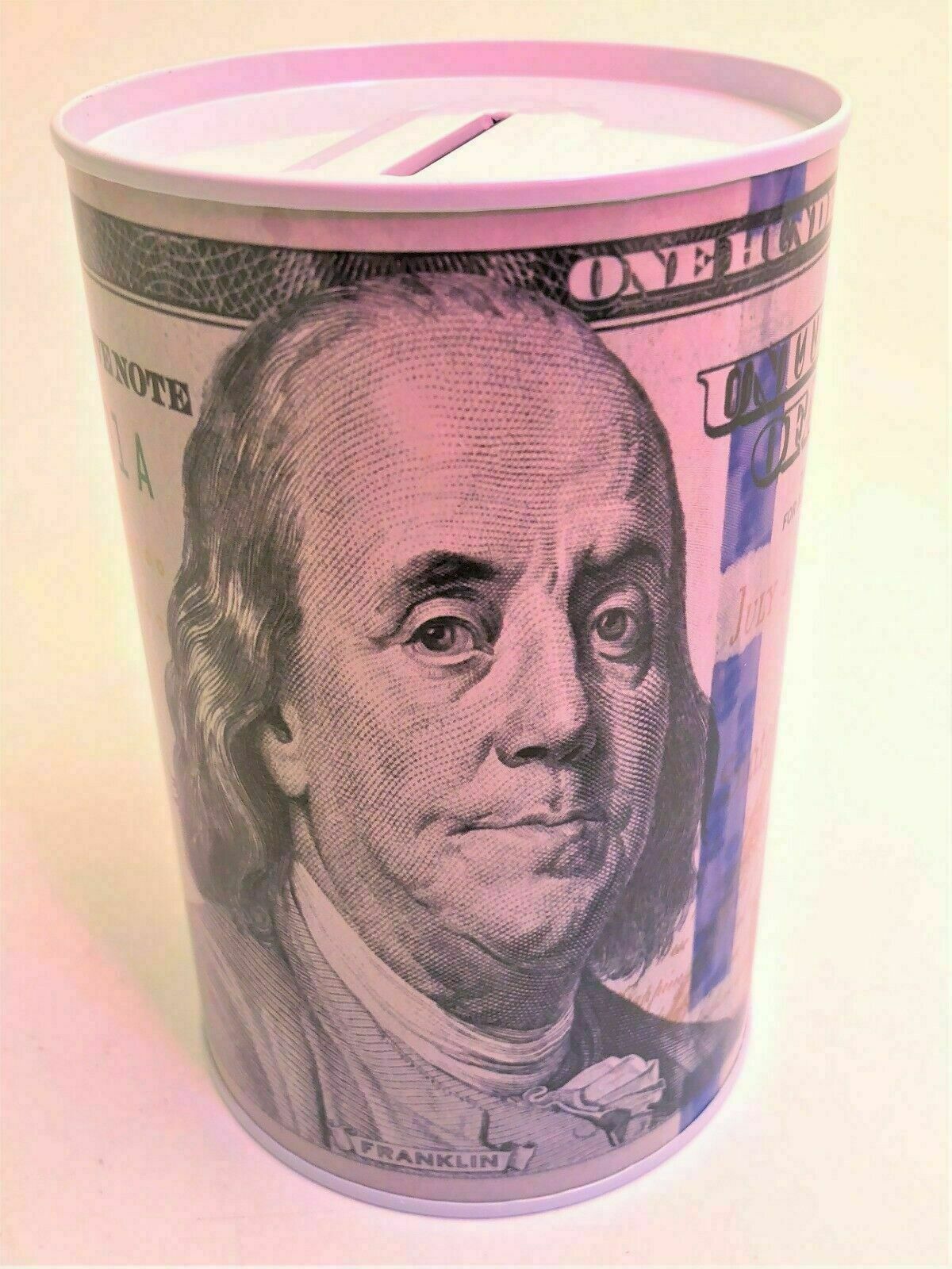 Ben Franklin $100 Bill Tin Coin Saver - Large 8.5" Piggy Bank