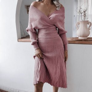 Women Autumn Winter Solid Knitting Suit Long Sleeve Off The Shoulder Sweater Pleated Skirt Bright Silk Two Piece Set