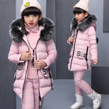 Girls Winter 3 Piece Set Jacket Warm Top Cotton Pants Kids Coats with Fur Hooded Outerwear