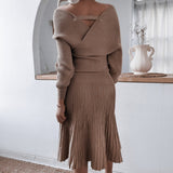 Women Autumn Winter Solid Knitting Suit Long Sleeve Off The Shoulder Sweater Pleated Skirt Bright Silk Two Piece Set