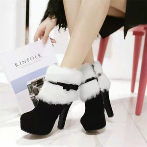 Winter Women Boots High Heels Platform Comfort Warm Fur Short Boots Party Shoes