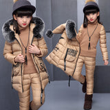 Girls Winter 3 Piece Set Jacket Warm Top Cotton Pants Kids Coats with Fur Hooded Outerwear