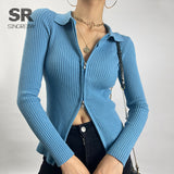 Autumn Zipper Knitted Sweater Women Turndown-Collar Long Sleeve Elastic Tops