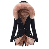 Ladies Fur Lining Coat Women Winter Warm Thick Long Jacket Hooded Overcoat