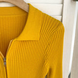 Autumn Zipper Knitted Sweater Women Turndown-Collar Long Sleeve Elastic Tops