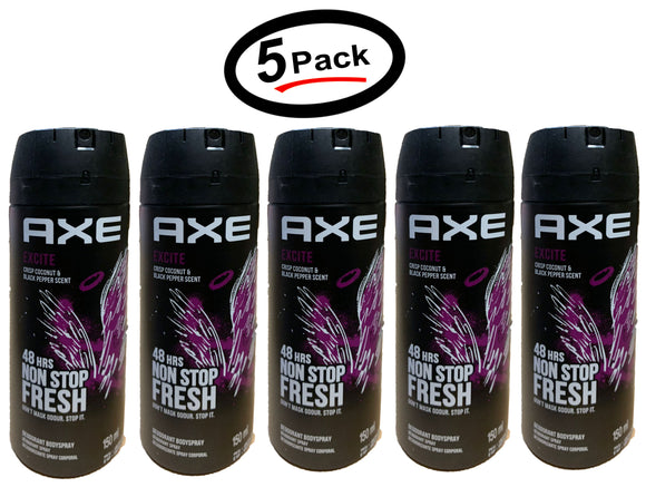 Axe Body Spray Excite For Men Deodorant, 150ml/5.07oz (5 Pack) - New