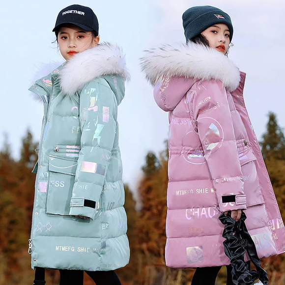 Winter Down Cotton Jacket Girls Waterproof Hooded Coat Kids Snowsuit