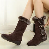 Winter Women Snow Boots Casual Warm Fur Mid-Calf Shoes Slip-On Round Toe wedges