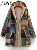 Winter Vintage Women's Coat Warm Printing Thick Fleece Hooded Long Jacket with Pocket