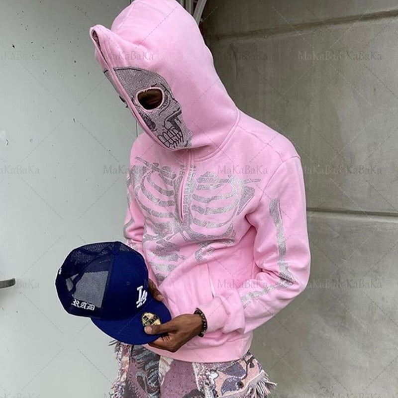 Women's Y2k Fashion Hoodie Skull Rhinestone Zip Up Oversize