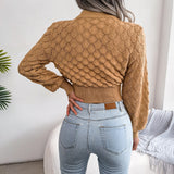 Women Fashion Fall Winter 3D Diamond Cutout Long Sleeve Solid Color Chic Crop Knit Sweater