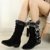 Winter Women Snow Boots Casual Warm Fur Mid-Calf Shoes Slip-On Round Toe wedges
