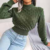 Women Fashion Fall Winter 3D Diamond Cutout Long Sleeve Solid Color Chic Crop Knit Sweater