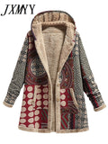 Winter Vintage Women's Coat Warm Printing Thick Fleece Hooded Long Jacket with Pocket