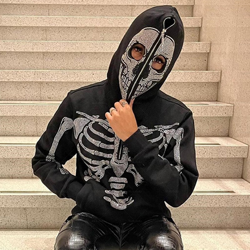 Women's Y2k Fashion Hoodie Skull Rhinestone Zip Up Oversize