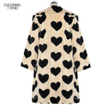 Winter Women Warm Faux Fur Long Coat Love Pattern Turn Down Collar Plush Classic Coat