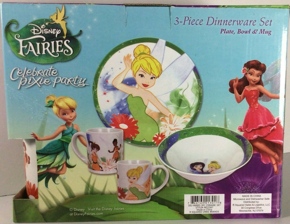 Disney Fairies Ceramic Kids Dinnerware 3pc Set Dining Plate Bowl