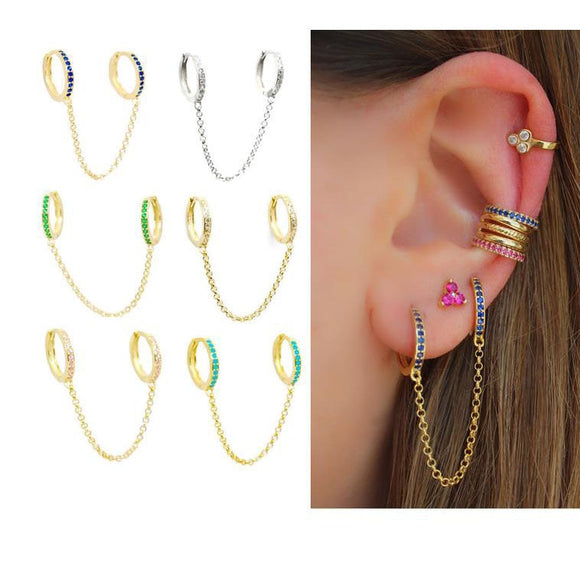 double mini Huggie hoop with tassel chain earring for 2 piercing women