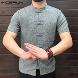 INCERUN Men Shirt Button Stand Collar Short Sleeve Casual Shirts