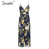 Sexy floral print jumpsuits women split spaghetti strap long overall