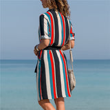 Long Sleeve Shirt Chiffon Boho Beach Dresses Women Casual Striped