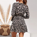 Summer Chiffon Women Leopard Print Boho Beach Dress Ruffle Long Sleeve A-line
