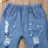 Summer Casual Shredded Jeans Denim Elastic Trousers Blue Hole Pants