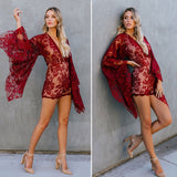 Summer Sexy Lace Rompers Women Deep V Neck Long Sleeve Bodysuit