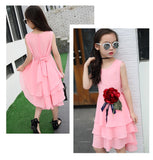 Summer big flower chiffon girl dress sleeveless solid color dress 3-12 years