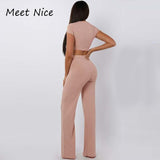 2 Two Piece Women Ribbed O Neck Crop Top and Long Pants Set Tracksuit
