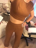 2 Two Piece Women Ribbed O Neck Crop Top and Long Pants Set Tracksuit