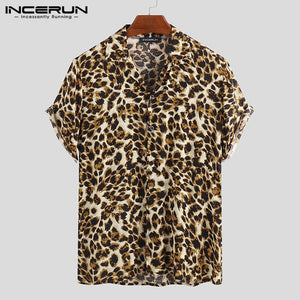 Summer Short Sleeve Leopard Print Shirt Men Lapel Neck Shirt