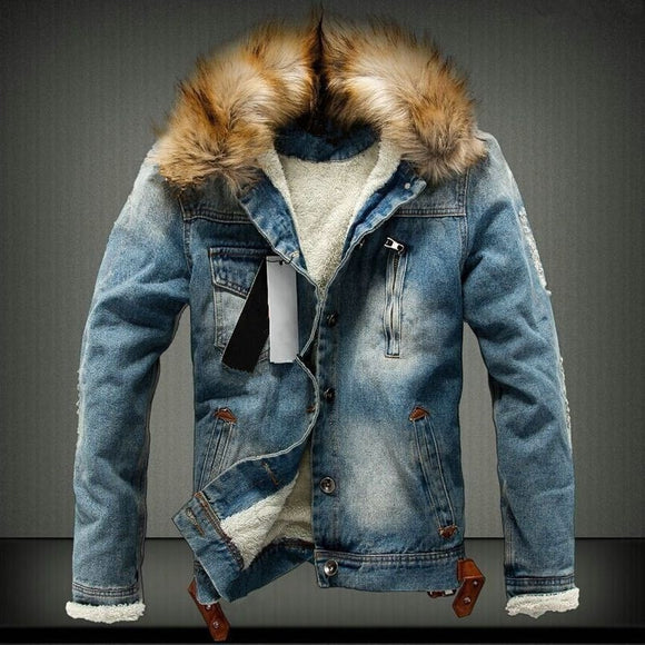 Denim Jacket with Fur Collar Retro Ripped Fleece Jeans Man