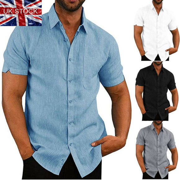 Mens Linen Short Sleeve Baggy Buttons Summer Comfortable Shirts