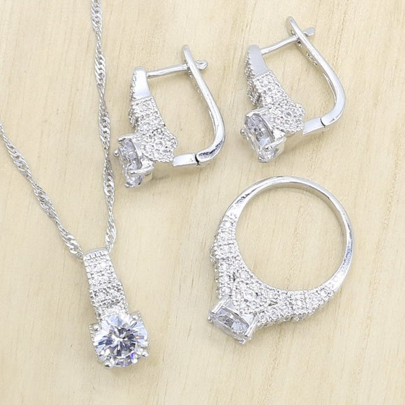 Silver Wedding Jewelry Sets for Women Hoop Earrings Rings Necklace