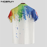 Men Brand Splashed Ink Print Short Sleeve Lapel Neck Casual Shirt