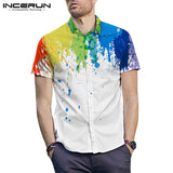 Men Brand Splashed Ink Print Short Sleeve Lapel Neck Casual Shirt