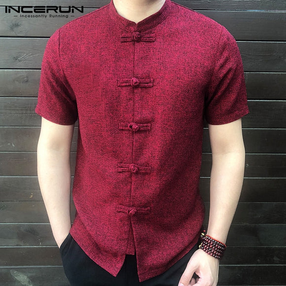 INCERUN Men Shirt Button Stand Collar Short Sleeve Casual Shirts