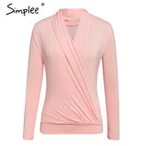 Simplee V neck office ladies blouses shirts Long sleeve white tops