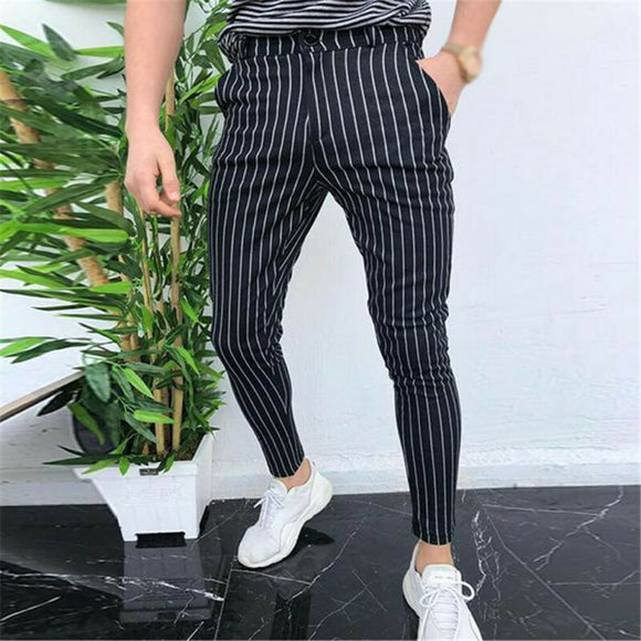 Men`s Straight Skinny Plaid Trousers Casual Slim Fit Stripe Formal Pants