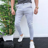 Men`s Straight Skinny Plaid Trousers Casual Slim Fit Stripe Formal Pants