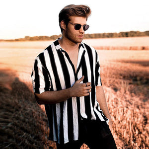 Men Summer Shirts Stripes Short Sleeve Shirt Striped Button Down