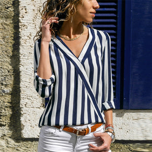 Women Striped Blouse Long Sleeve Blouse V-neck Casual Tops