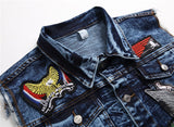 Mens Punk Denim Vests Skull Embroidery Waistcoat Slim Fit Jeans Sleeveless Jacket