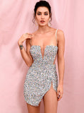 LOVE & LEMONADE Sexy Tube Top Silver Cut Out Stretch Sequin Bodycon