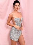LOVE & LEMONADE Sexy Tube Top Silver Cut Out Stretch Sequin Bodycon