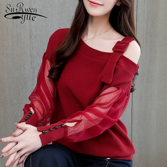 Long sleeve shirt woman sexy off shoulder top solid blouse