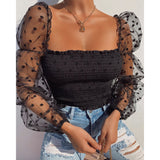 Women Square neck Lace See-through Polka Dot Puff Crop Tops