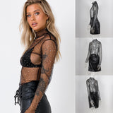 Sexy Women's See-through Crystal Rhinestone Sequins Glitter Mesh Blouse