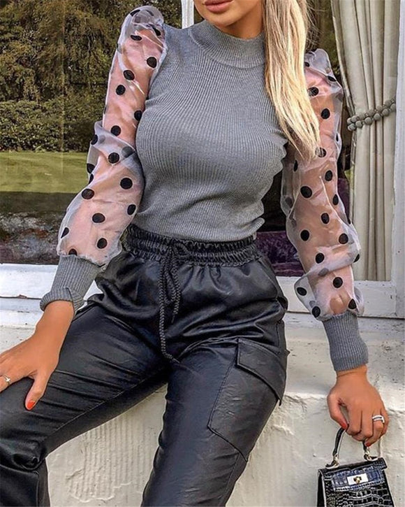 Women Spring Mesh Puff Long Sleeve Ribbed Knitted Shirt Casual